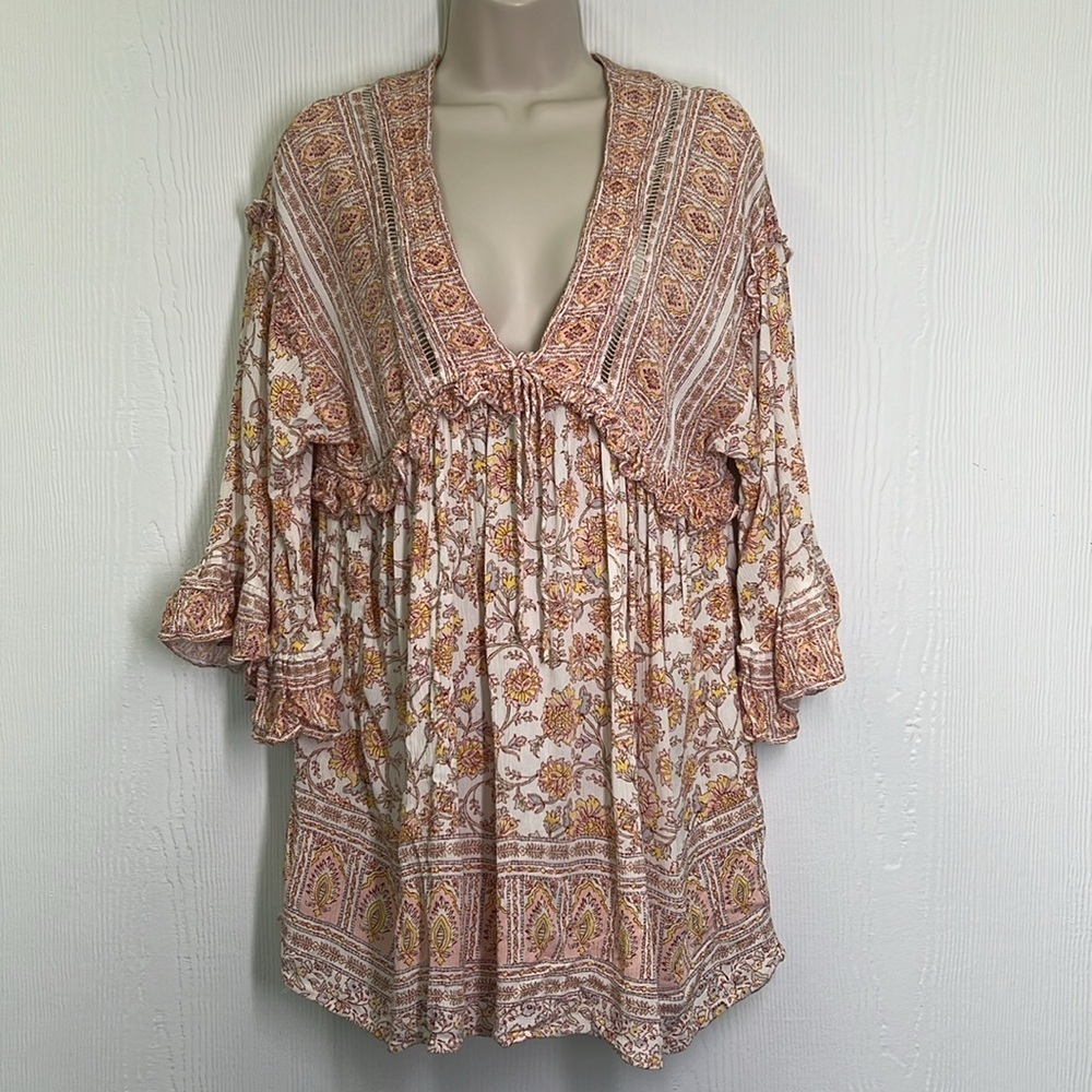 Free People - Moonlight Dance Floral V Neck Boho 3/4 Sleeve Blouse Size Small - Picture 2 of 12